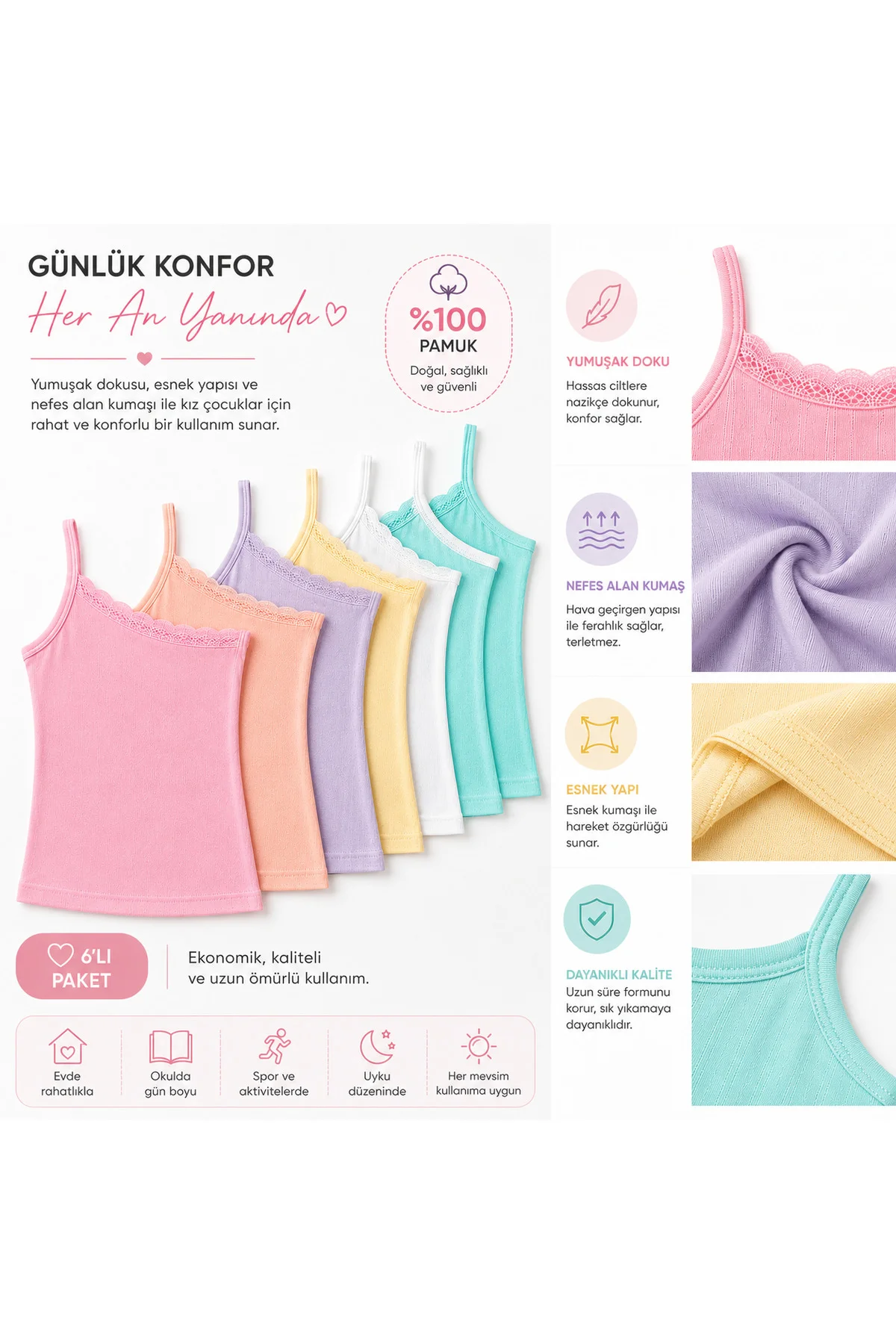 Kız Çocuk Jakarlı İnce Askılı Atlet 6’lı Paket %100 Pamuk Dantelli Yumuşak Rahat 3-12 Yaş Fiyatı, Yorumları ve Özellikleri