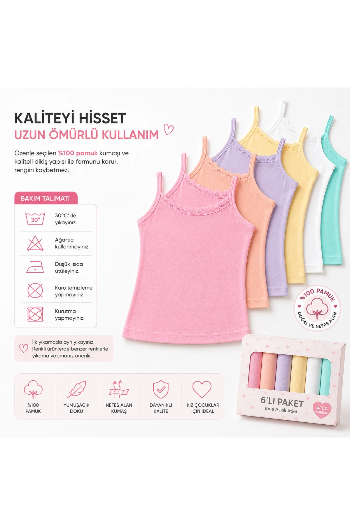 Kız Çocuk Jakarlı İnce Askılı Atlet 6’lı Paket %100 Pamuk Dantelli Yumuşak Rahat 3-12 Yaş Fiyatı, Yorumları ve Özellikleri