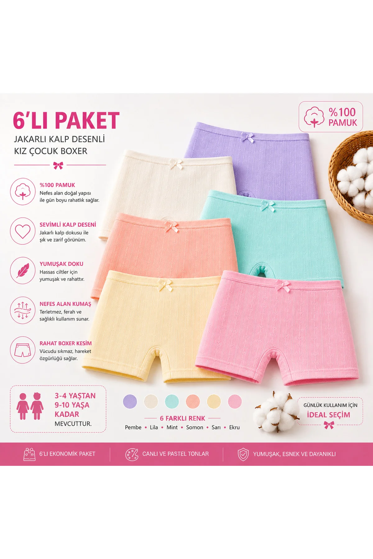 Kız Çocuk Jakarlı Kalp Desenli Boxer 6’lı Paket %100 Pamuk Yumuşak Esnek 3-4 / 9-10 Yaş Fiyatı, Yorumları ve Özellikleri