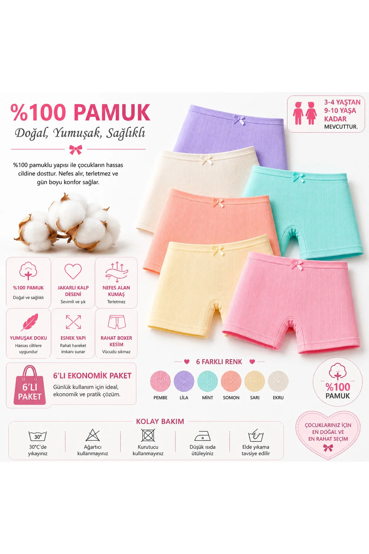 Kız Çocuk Jakarlı Kalp Desenli Boxer 6’lı Paket %100 Pamuk Yumuşak Esnek 3-4 / 9-10 Yaş Fiyatı, Yorumları ve Özellikleri