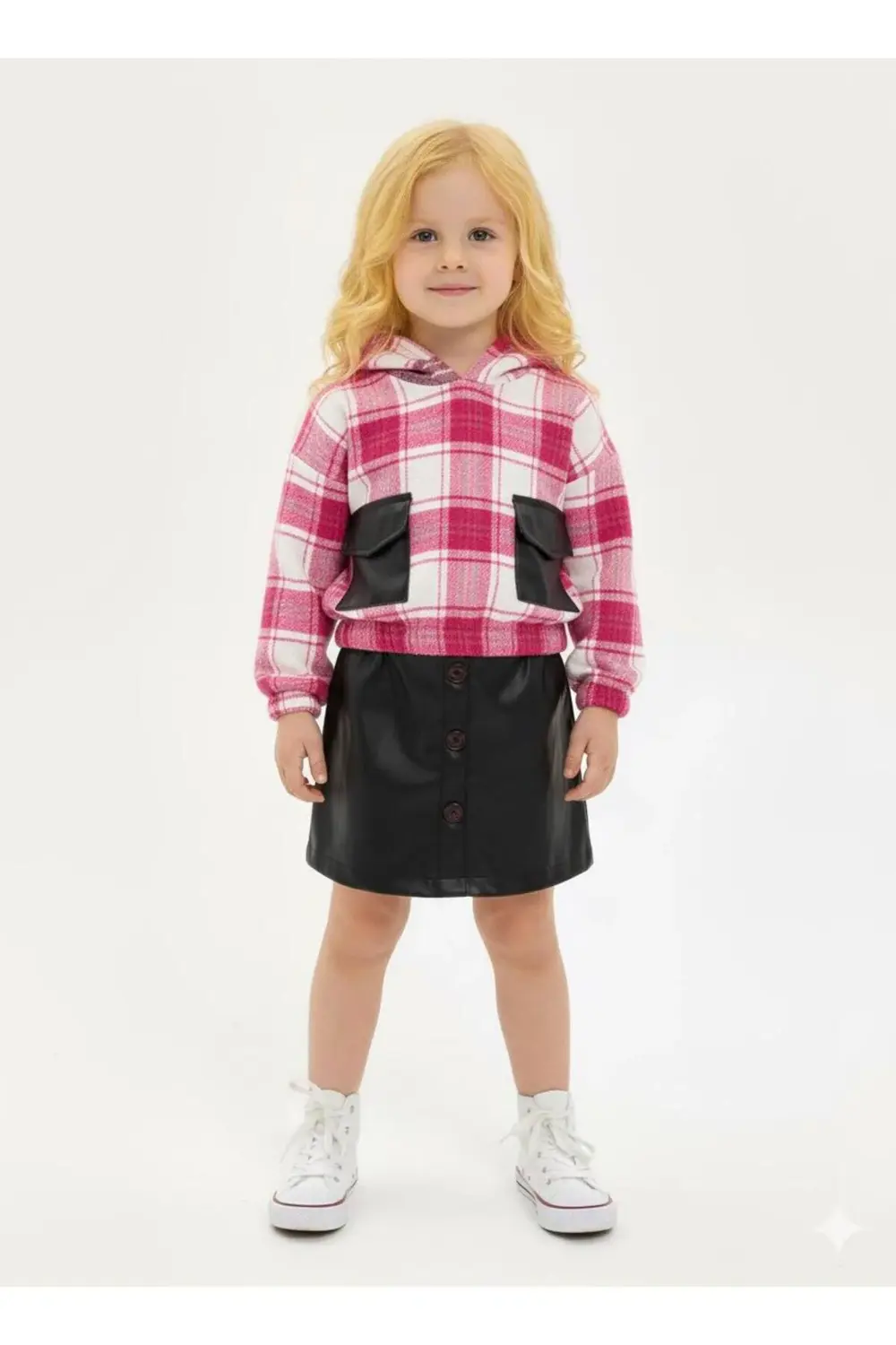 Kız Çocuk Kapüşonlu Ekose Oduncu Sweatshirt Deri Etekli Takım