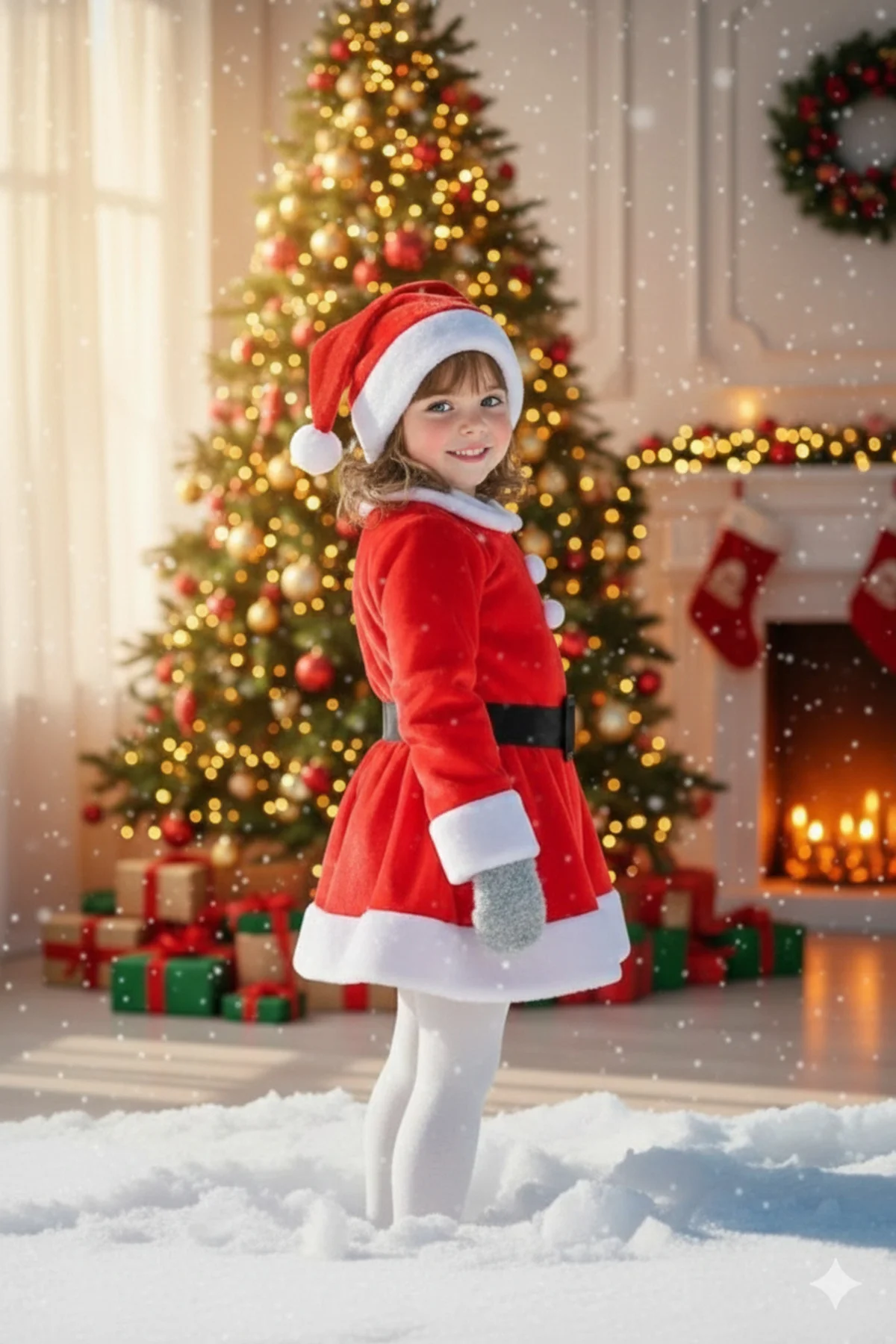 Kız Çocuk Kırmızı Şapka Beyaz Yılbaşı Temalı Noel Partisi Kostüm 