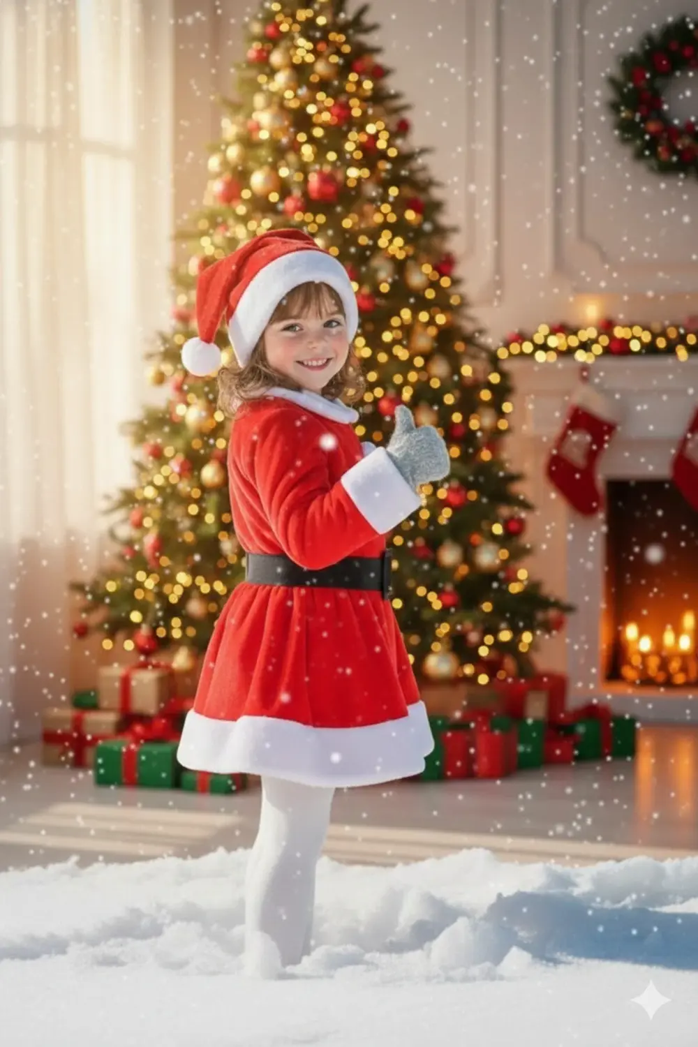 Kız Çocuk Kırmızı Şapka Beyaz Yılbaşı Temalı Noel Partisi Kostüm