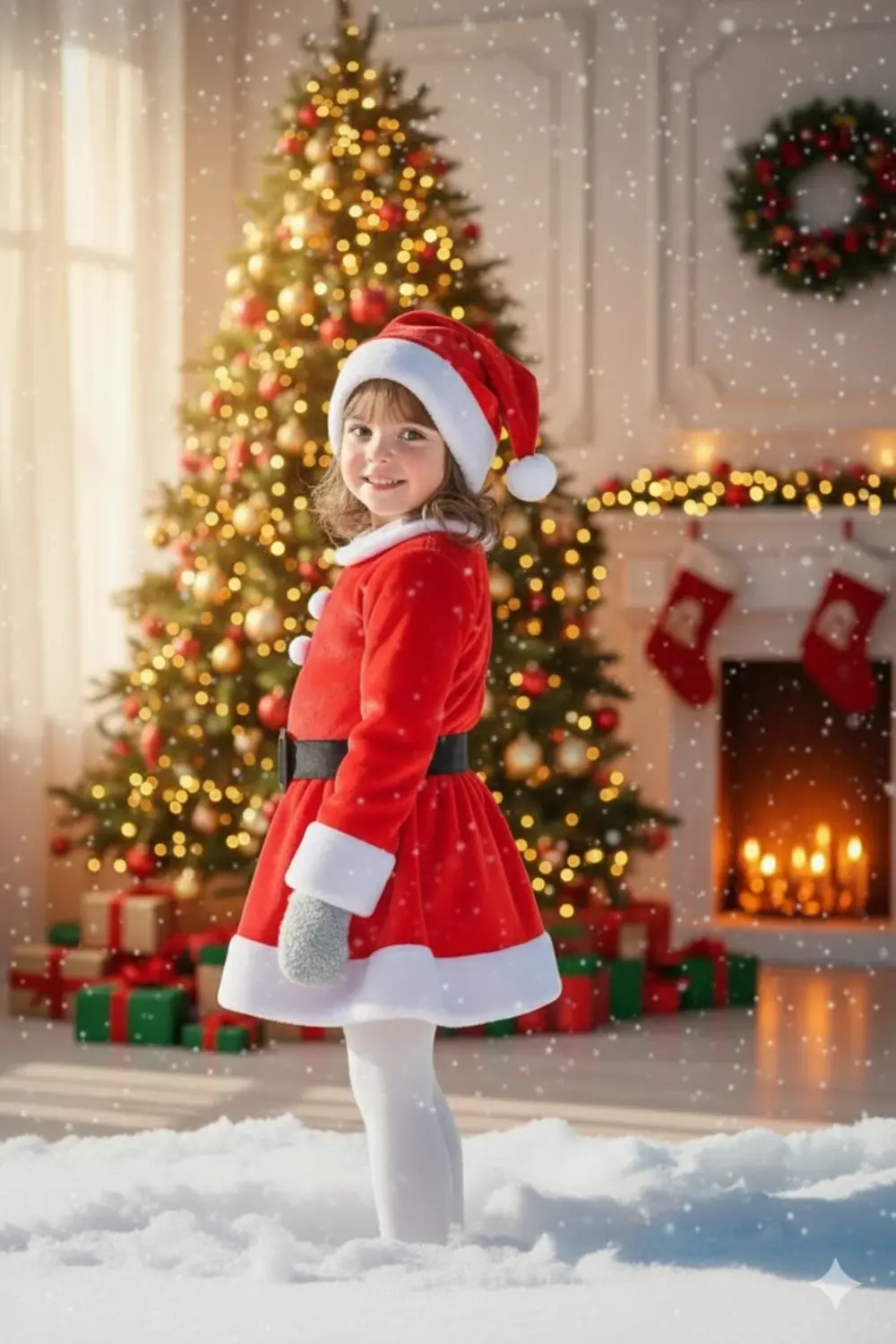 Kız Çocuk Kırmızı Şapka Beyaz Yılbaşı Temalı Noel Partisi Kostüm