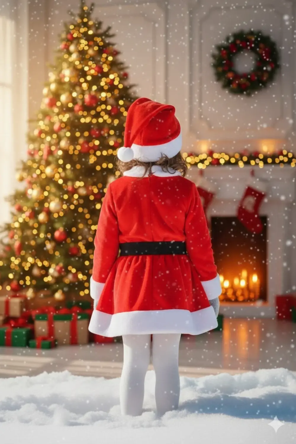 Kız Çocuk Kırmızı Şapka Beyaz Yılbaşı Temalı Noel Partisi Kostüm