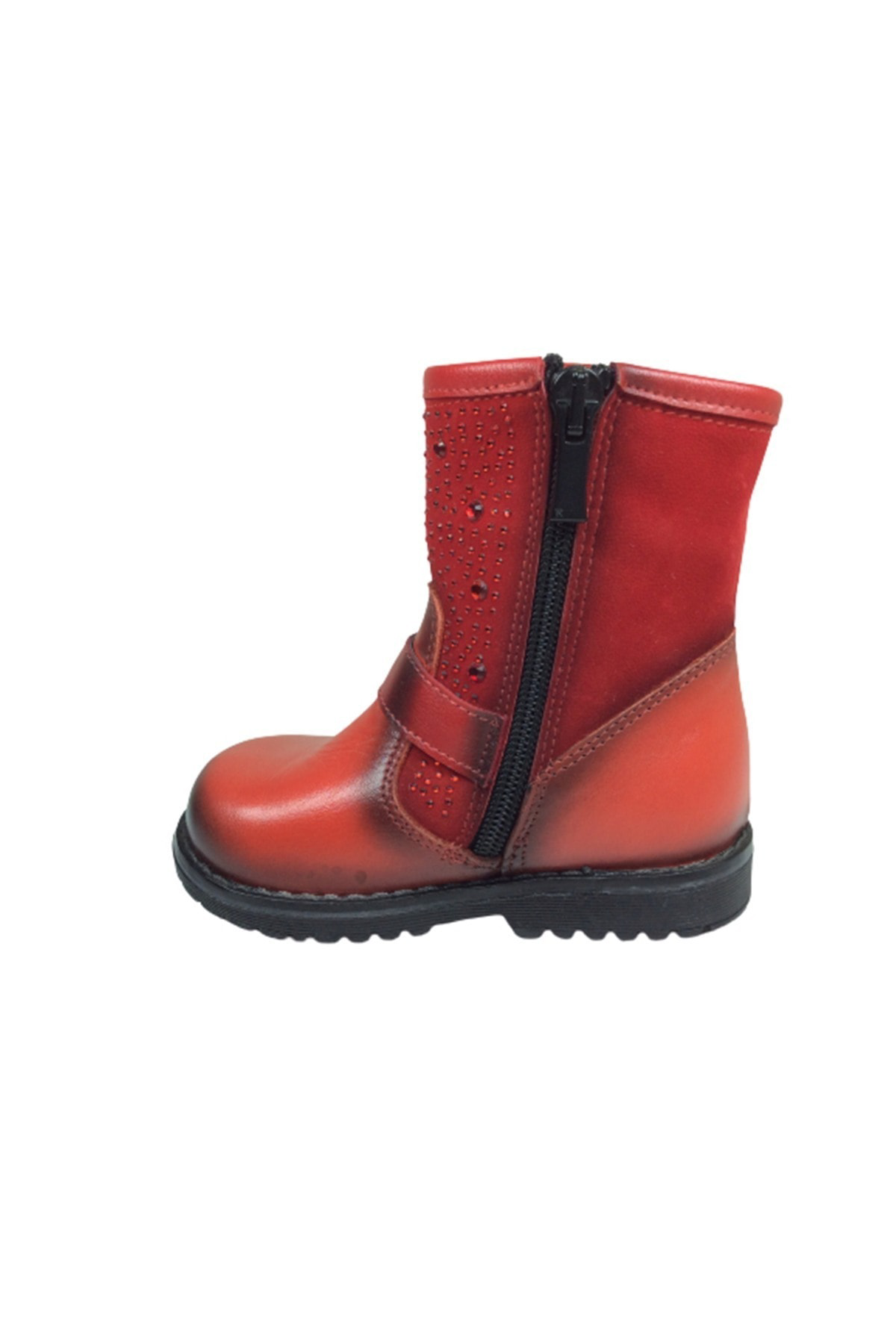 Kız Çocuk Kırmızı Taşlı Tokalı Fermuarlı Deri Anatomik Bot