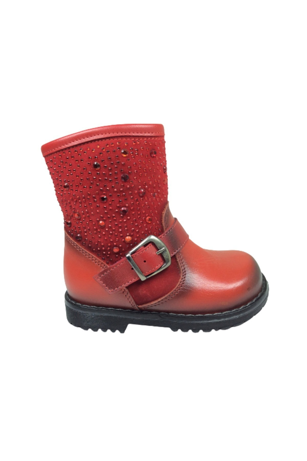 Kız Çocuk Kırmızı Taşlı Tokalı Fermuarlı Deri Anatomik Bot