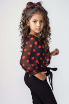 Kız Çocuk Kolları Şeffaf Tül Belden Bağlamalı Puantiyeli Lacivert