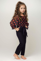 Kız Çocuk Kolları Şeffaf Tül Belden Bağlamalı Puantiyeli Lacivert