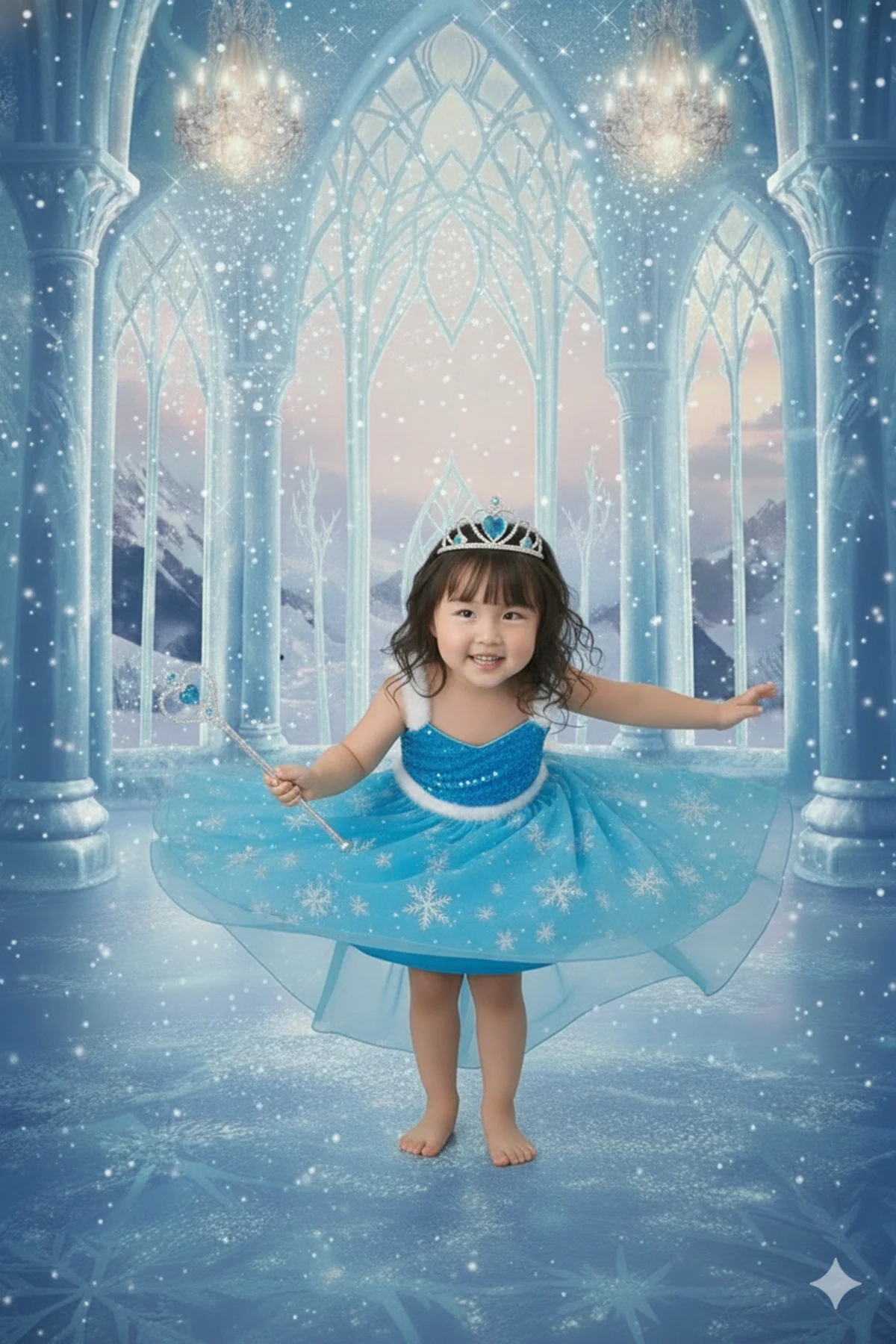 Kız Çocuk Mavi Buz Elsa Prensesi Kostüm Seti Taç Asa Detaylı Tarl
