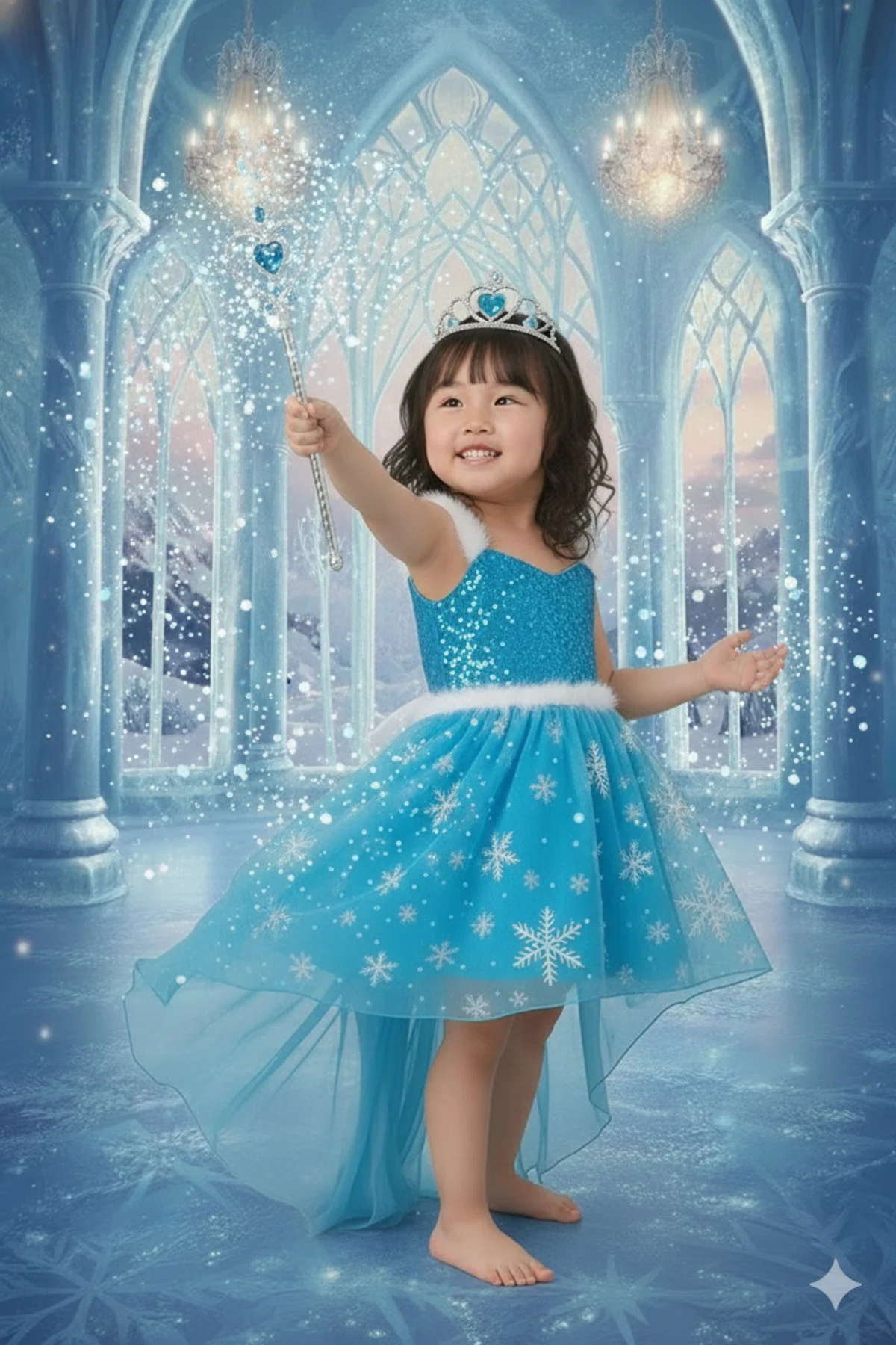 Kız Çocuk Mavi Buz Elsa Prensesi Kostüm Seti Taç Asa Detaylı Tarl