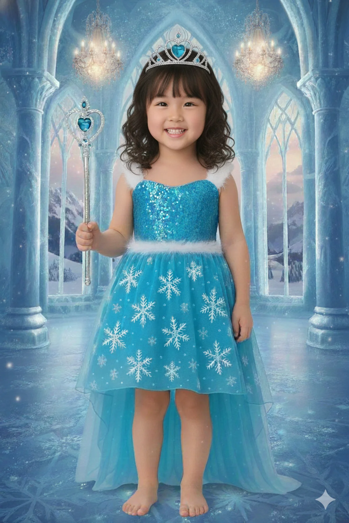 Kız Çocuk Mavi Buz Elsa Prensesi Kostüm Seti Taç Asa Detaylı Tarl