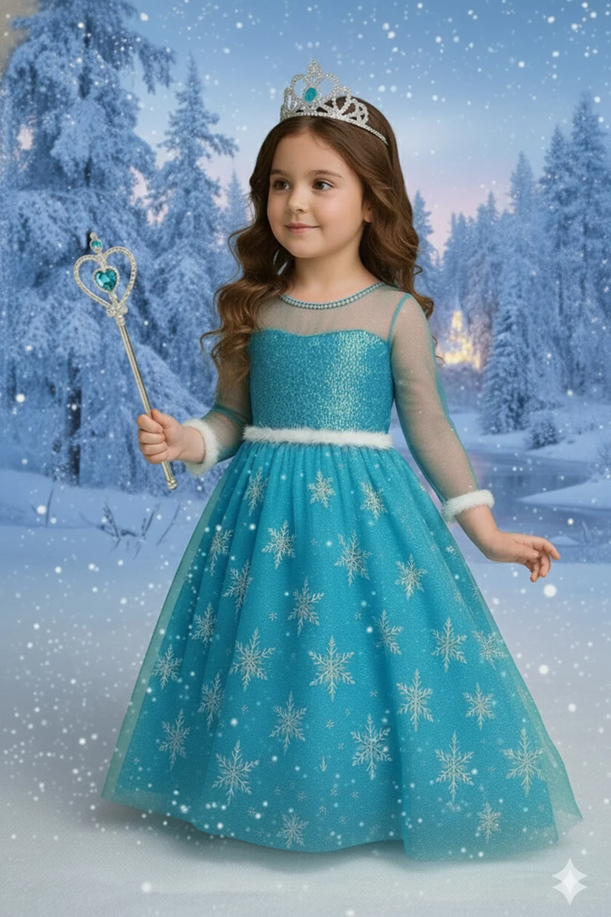 Kız Çocuk Mavi Buz Elsa Prensesi Kostüm Seti Taç Asa Detaylı Tarl