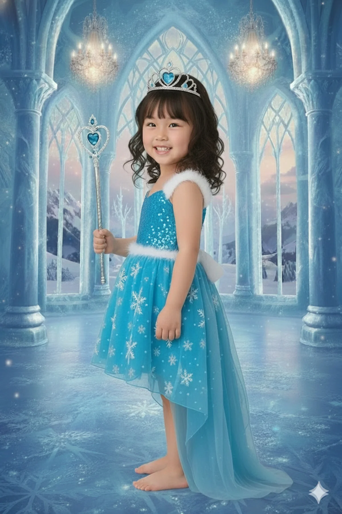 Kız Çocuk Mavi Buz Elsa Prensesi Kostüm Seti Taç Asa Detaylı Tarl