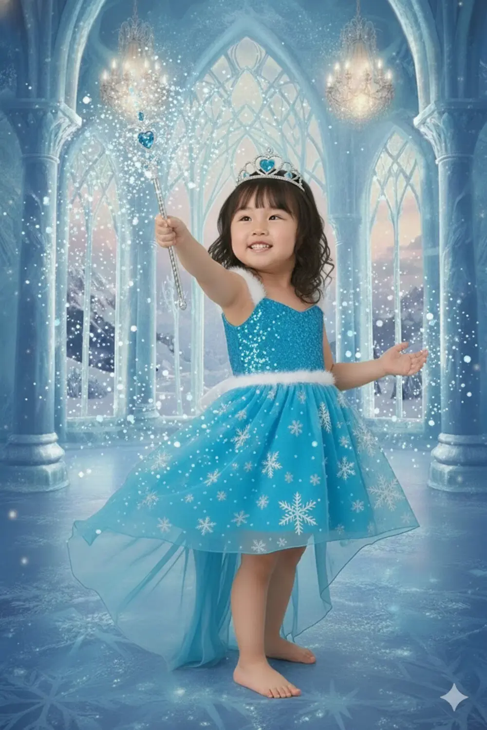 Kız Çocuk Mavi Buz Elsa Prensesi Kostüm Seti Taç Asa Detaylı Tarl
