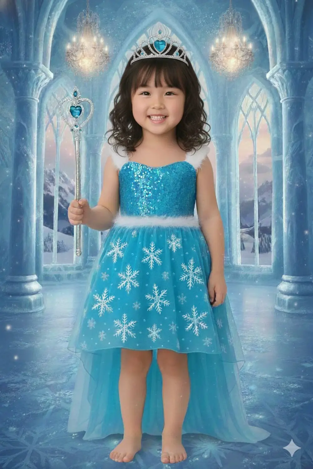 Kız Çocuk Mavi Buz Elsa Prensesi Kostüm Seti Taç Asa Detaylı Tarl