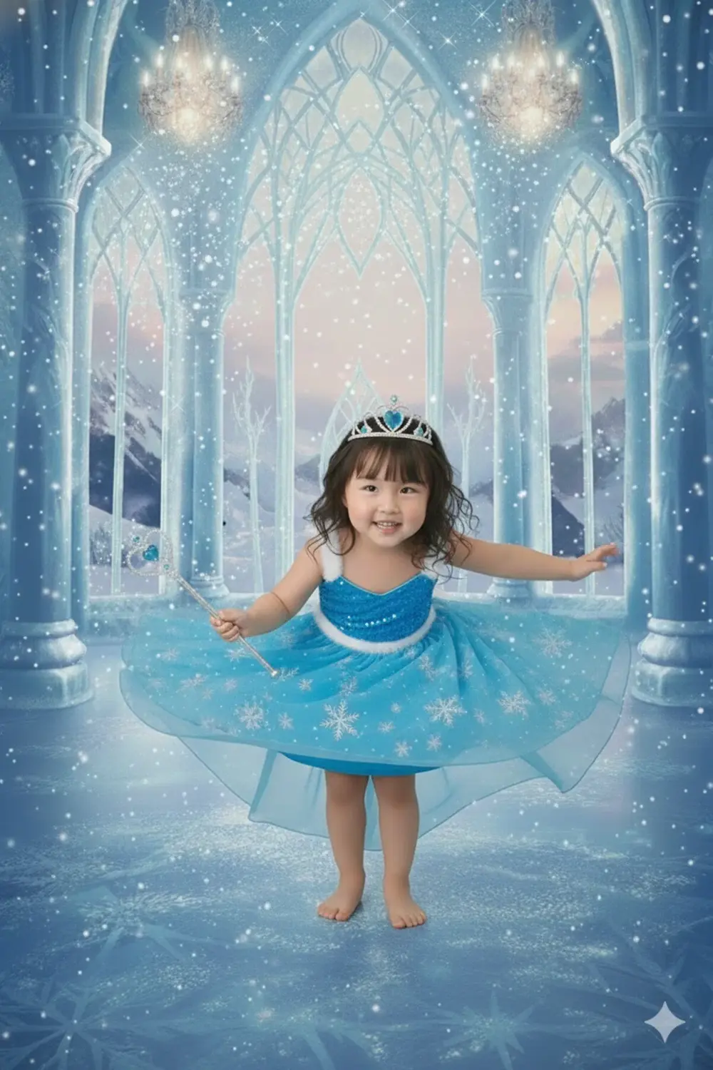 Kız Çocuk Mavi Buz Elsa Prensesi Kostüm Seti Taç Asa Detaylı Tarl
