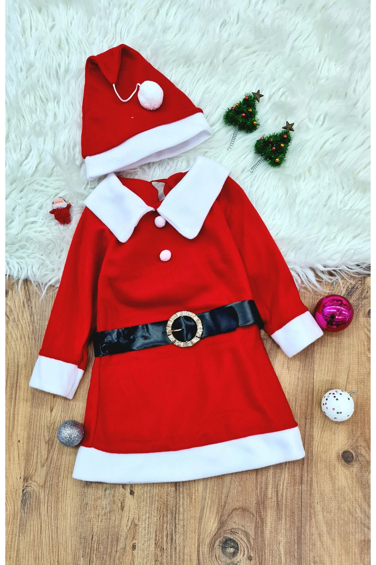 Kız Çocuk Noel Anne Yılbaşı Kostümü Etekli Şapkalı Elbise Yılbaşı
