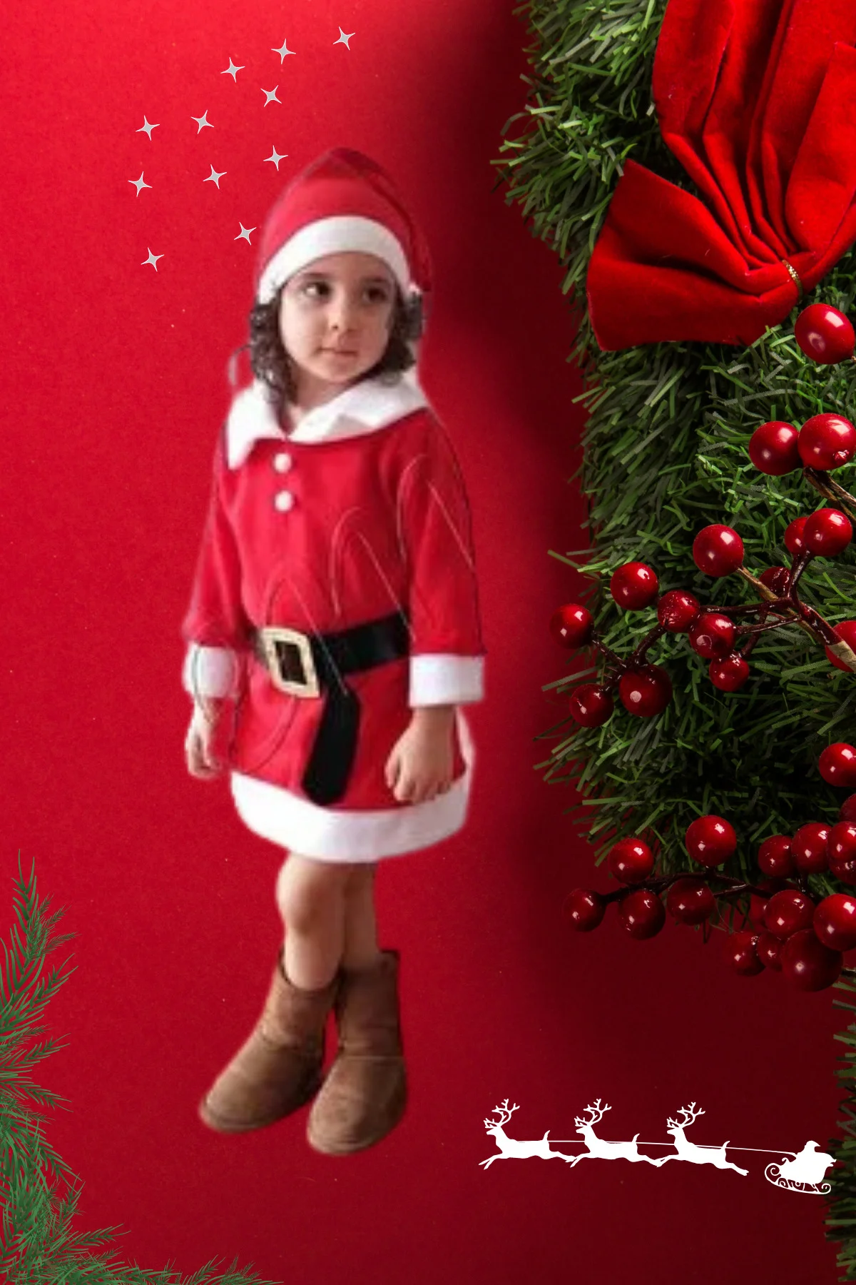 Kız Çocuk Noel Anne Yılbaşı Kostümü Etekli Şapkalı Elbise Yılbaşı