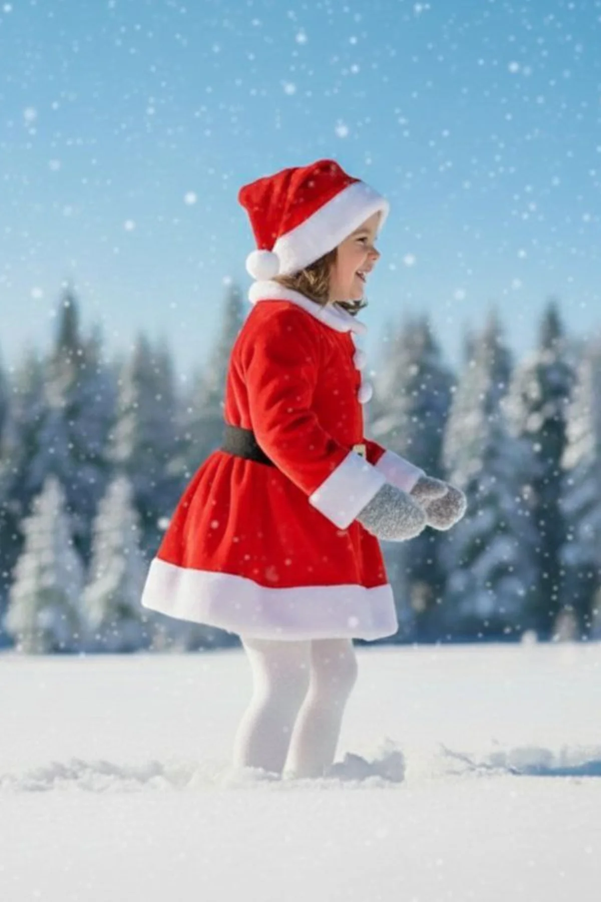 Kız Çocuk Noel Kırmızı Santa Elbisesi Kar Temalı Yeni Yıl Parti K