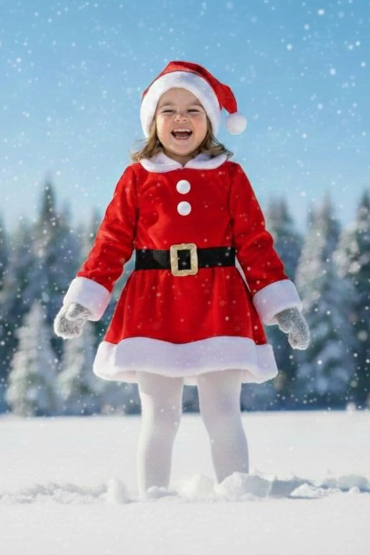 Kız Çocuk Noel Kırmızı Santa Elbisesi Kar Temalı Yeni Yıl Parti K