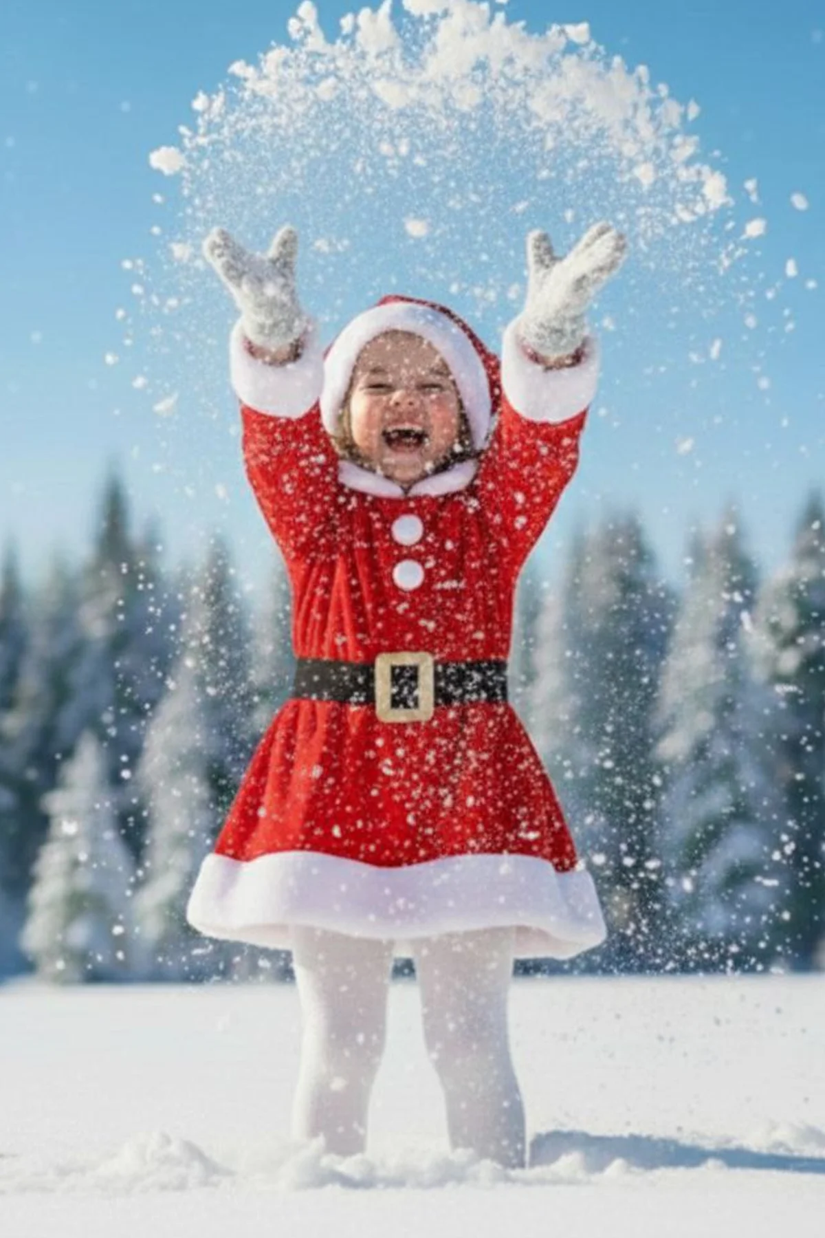 Kız Çocuk Noel Kırmızı Santa Elbisesi Kar Temalı Yeni Yıl Parti K