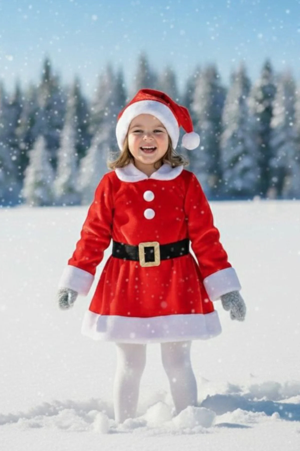 Kız Çocuk Noel Kırmızı Santa Elbisesi Kar Temalı Yeni Yıl Parti K