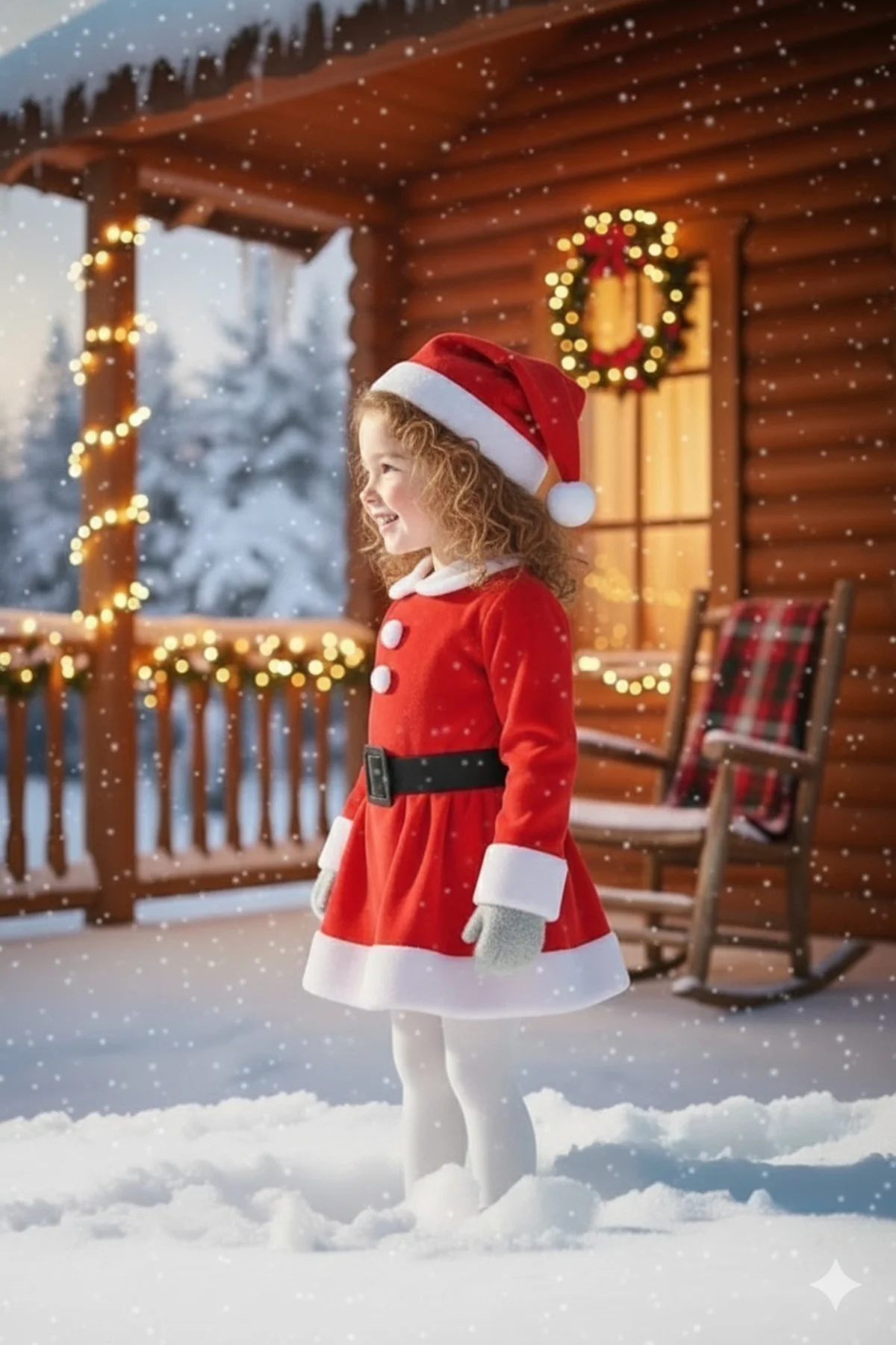 Kız Çocuk Noel Santa Kıyafeti Kırmızı Kar Desenli Kışlık Yılbaşı 