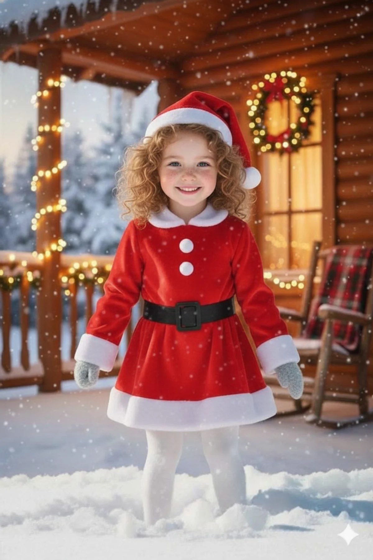 Kız Çocuk Noel Santa Kıyafeti Kırmızı Kar Desenli Kışlık Yılbaşı 