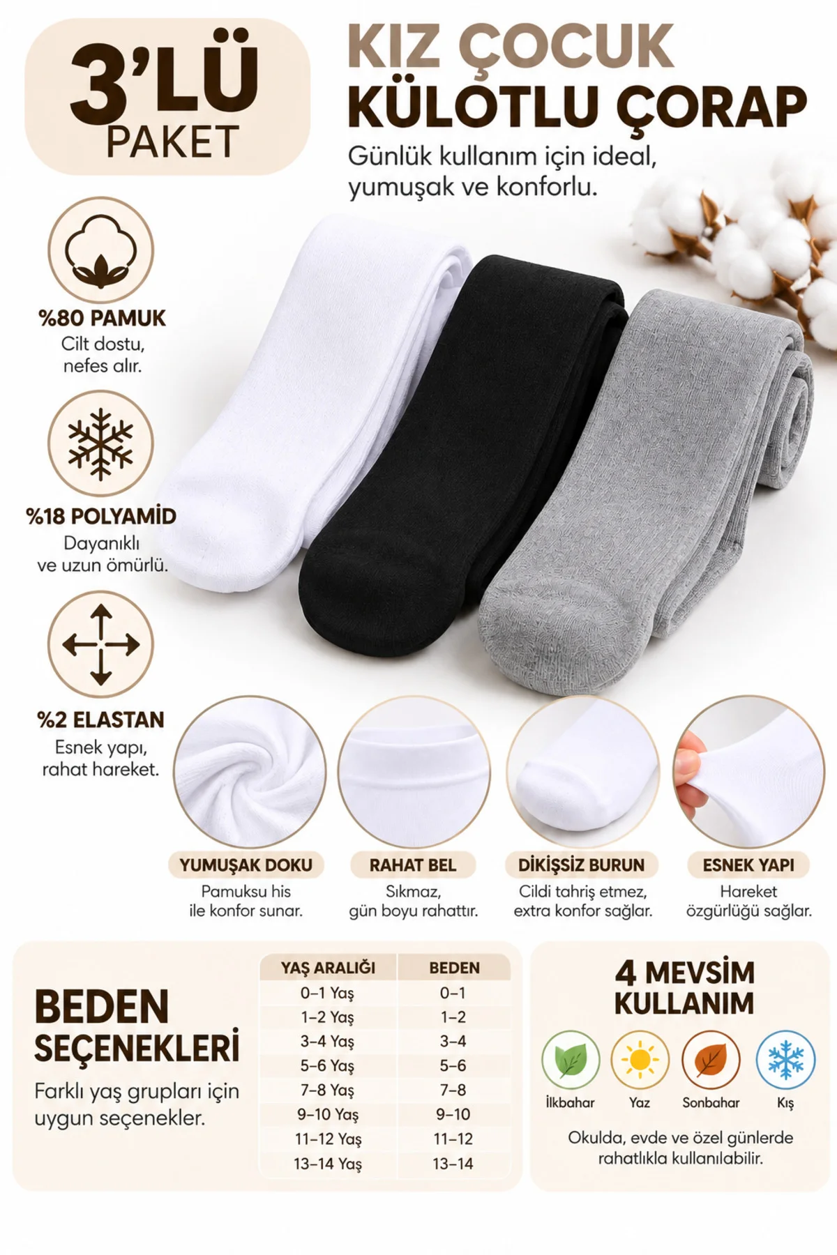 Kız Çocuk Pamuklu Külotlu Çorap 3’lü Paket Dikişsiz Burun Kışlık 0-14 Yaş