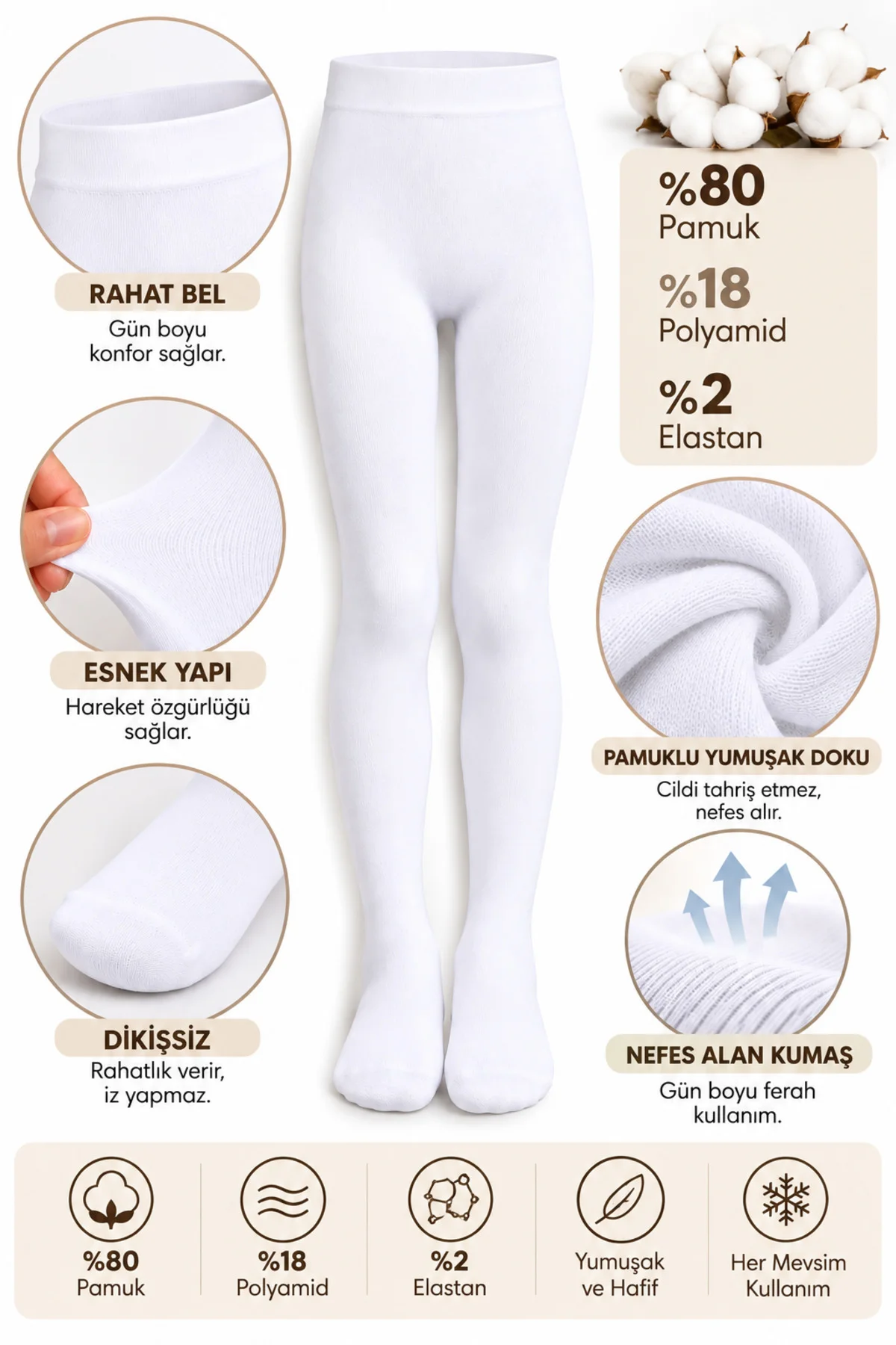 Kız Çocuk Pamuklu Külotlu Çorap 3’lü Paket Dikişsiz Burun Kışlık 0-14 Yaş