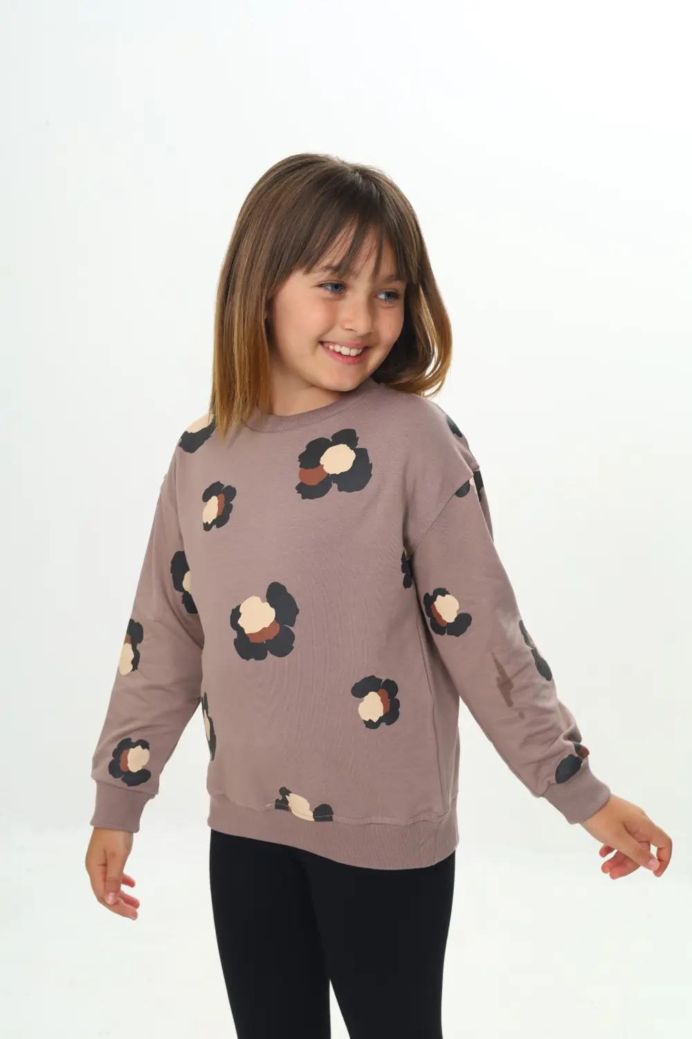 Kız Çocuk Relax Fit Bisiklet Yaka Düşük Omuz Baskılı Sweatshirt -