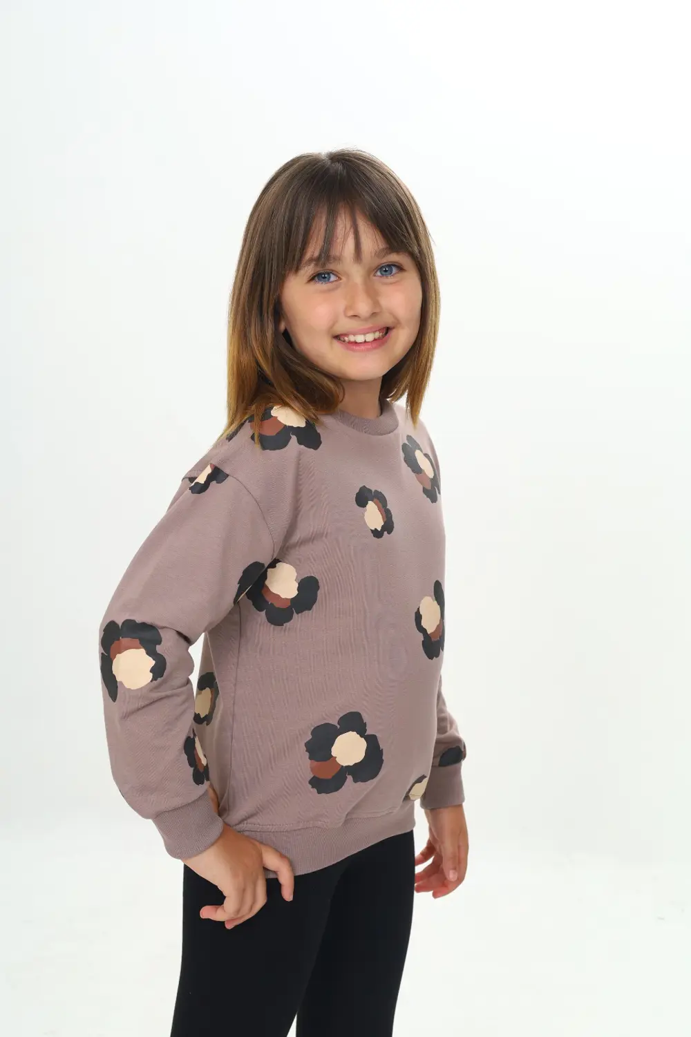 Kız Çocuk Relax Fit Bisiklet Yaka Düşük Omuz Baskılı Sweatshirt -