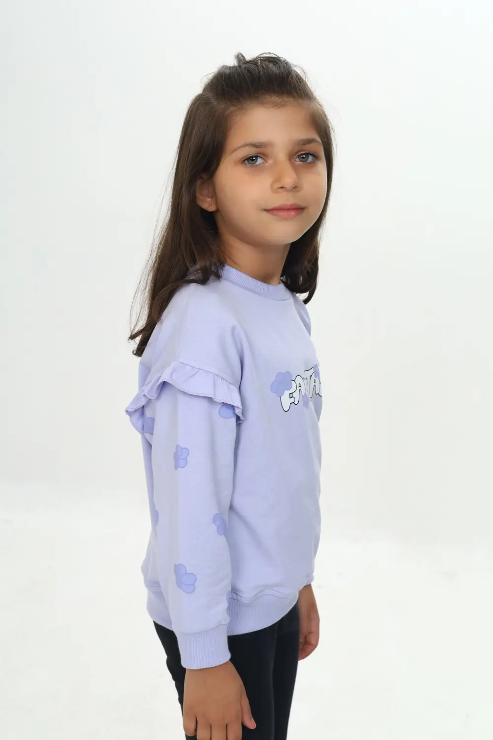 Kız Çocuk Relax Fit Bisiklet Yaka Düşük Omuz Baskılı Sweatshirt -