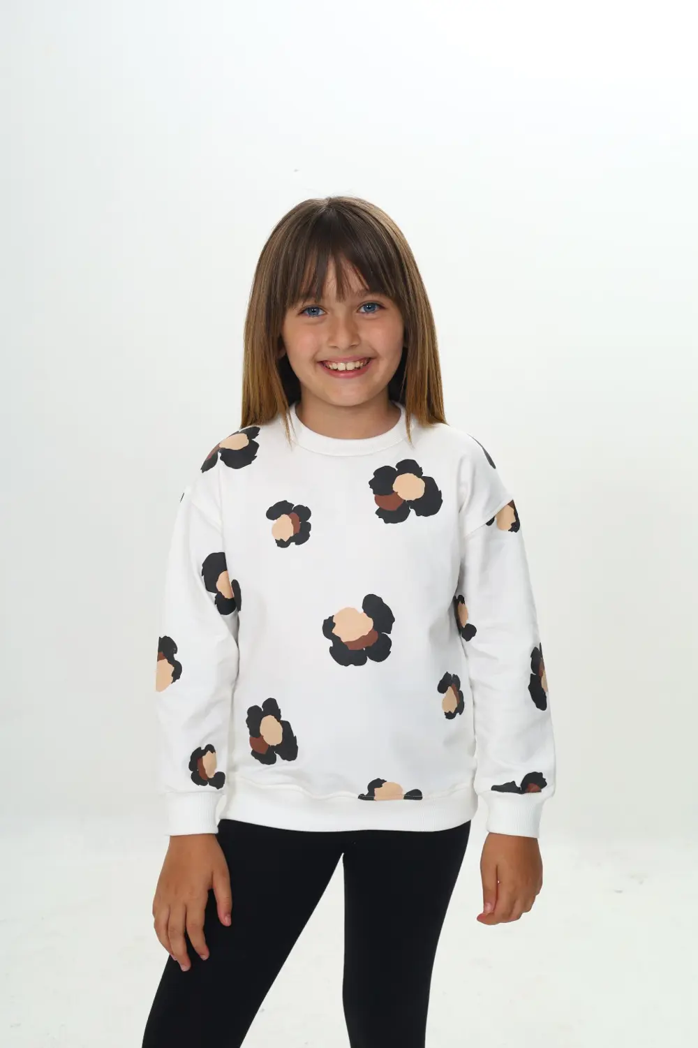 Kız Çocuk Relax Fit Bisiklet Yaka Düşük Omuz Baskılı Sweatshirt -