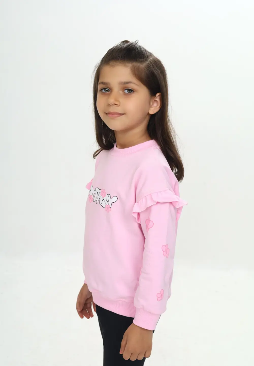 Kız Çocuk Relax Fit Bisiklet Yaka Düşük Omuz Baskılı Sweatshirt -