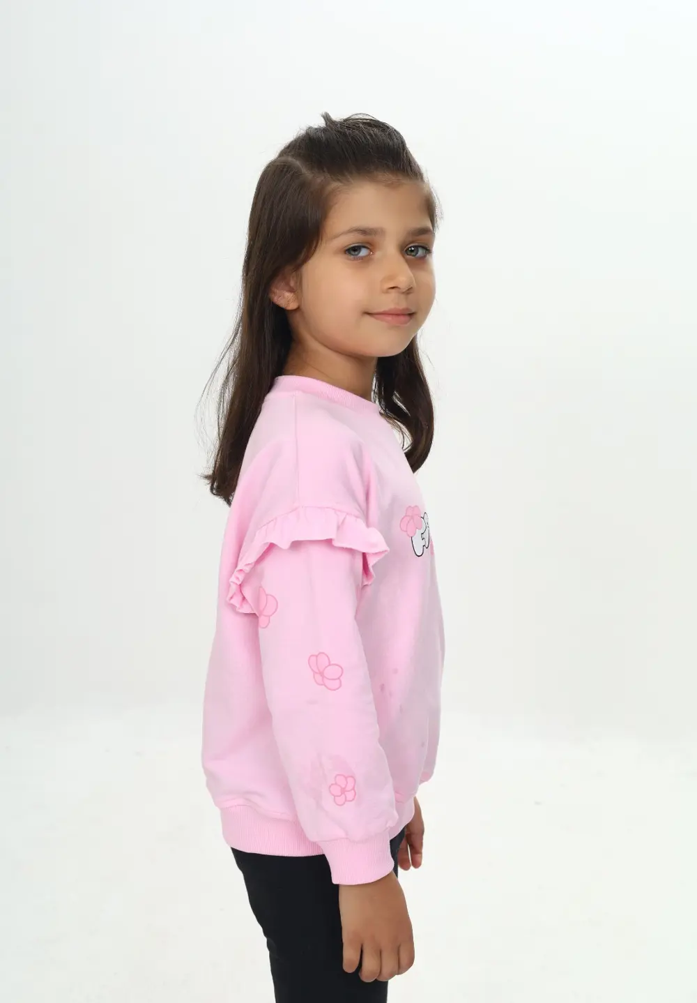 Kız Çocuk Relax Fit Bisiklet Yaka Düşük Omuz Baskılı Sweatshirt -