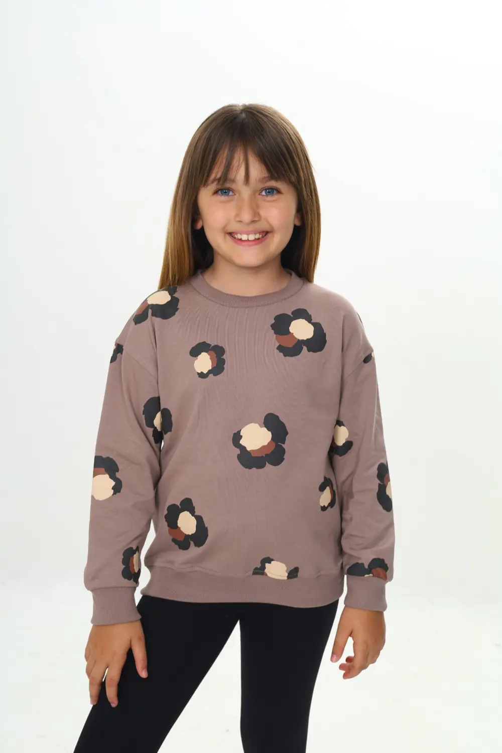 Kız Çocuk Relax Fit Bisiklet Yaka Düşük Omuz Baskılı Sweatshirt -