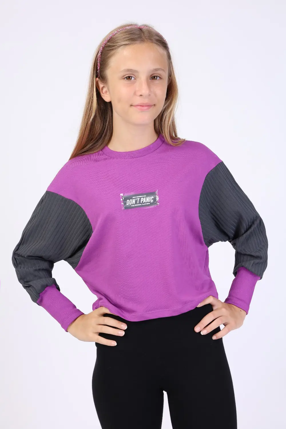 Kız Çocuk Relax Fit Bisiklet Yaka Düşük Omuz Baskılı Crop Sweatsh