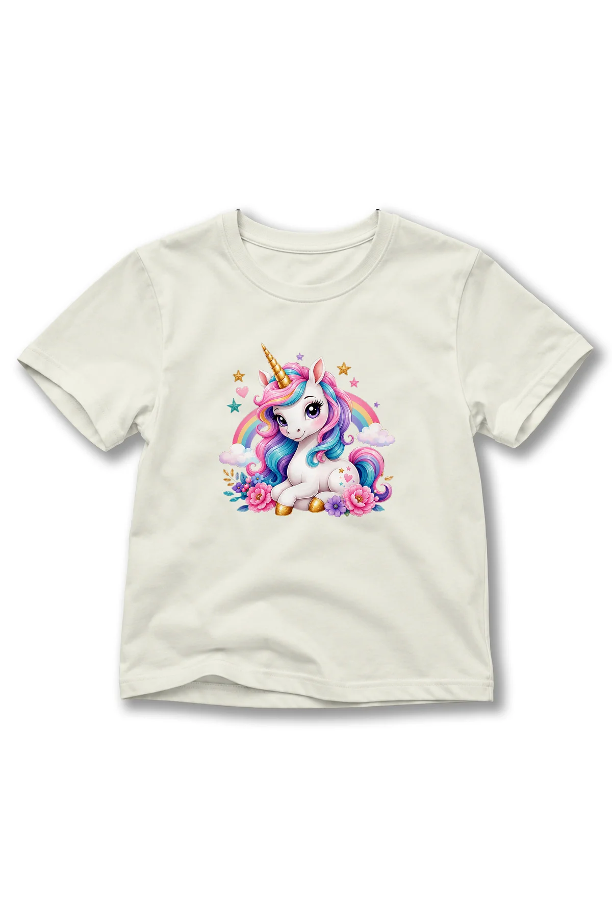 Kız Çocuk Unicorn Baskılı Kısa Kollu Bisiklet Yaka T-Shirt