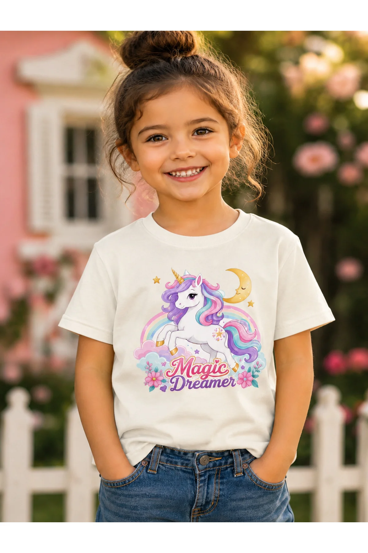 Kız Çocuk Unicorn Baskılı Kısa Kollu Bisiklet Yaka T-Shirt