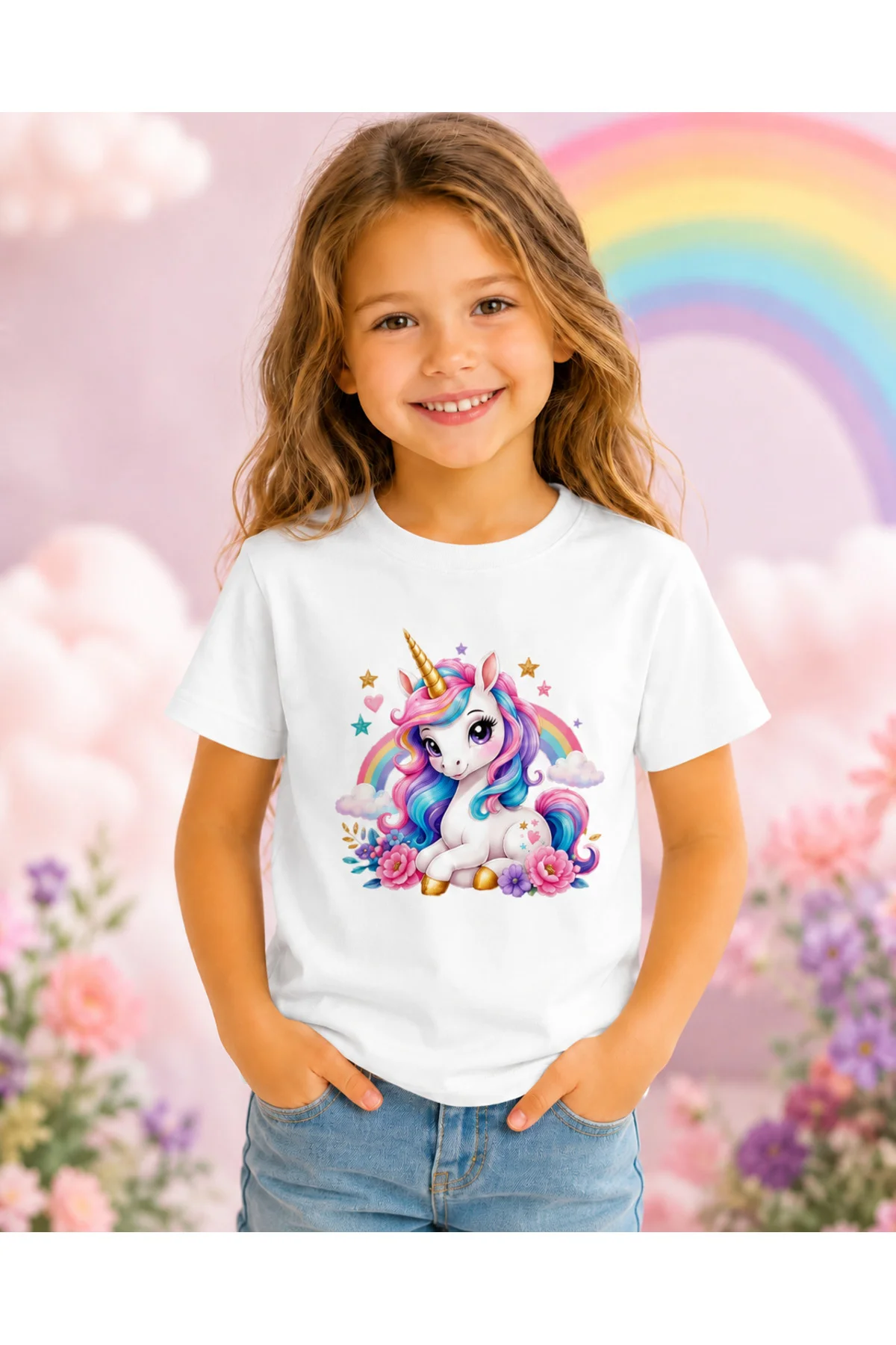 Kız Çocuk Unicorn Baskılı Kısa Kollu Bisiklet Yaka T-Shirt Kız Çocuk Unicorn Baskılı Kısa Kollu Bisiklet Yaka T-Shirt