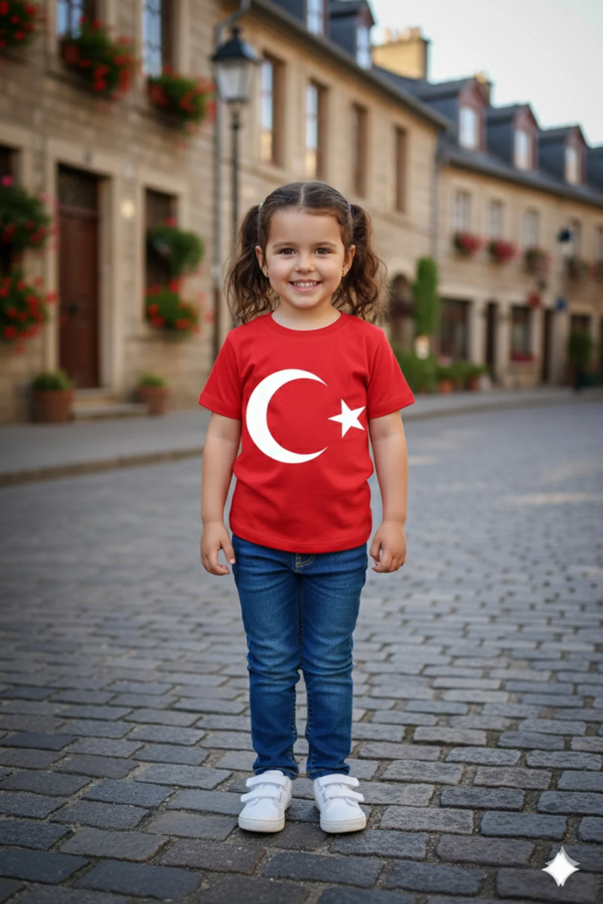Kız Çocuk Unisex Tişört Kırmızı Ay Yıldız Baskılı Tişört Kısa Kol