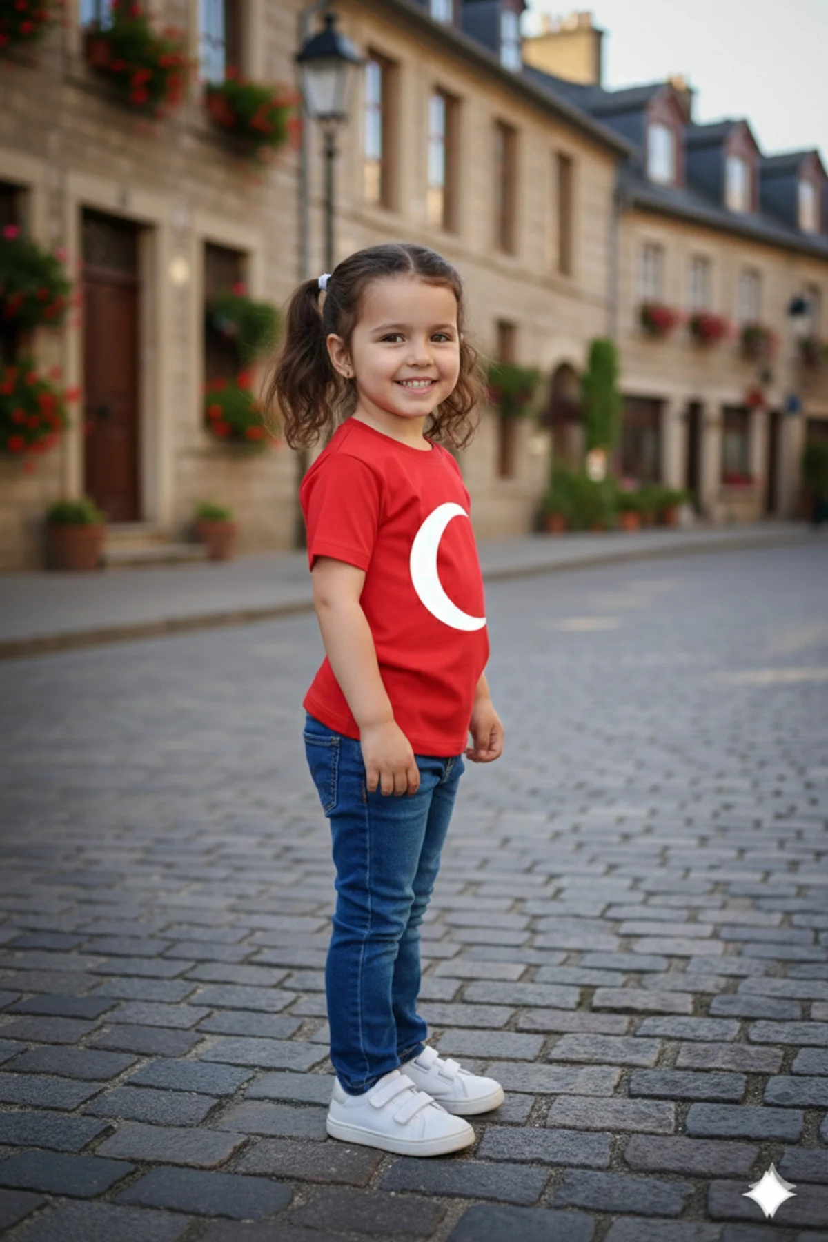 Kız Çocuk Unisex Tişört Kırmızı Ay Yıldız Baskılı Tişört Kısa Kol