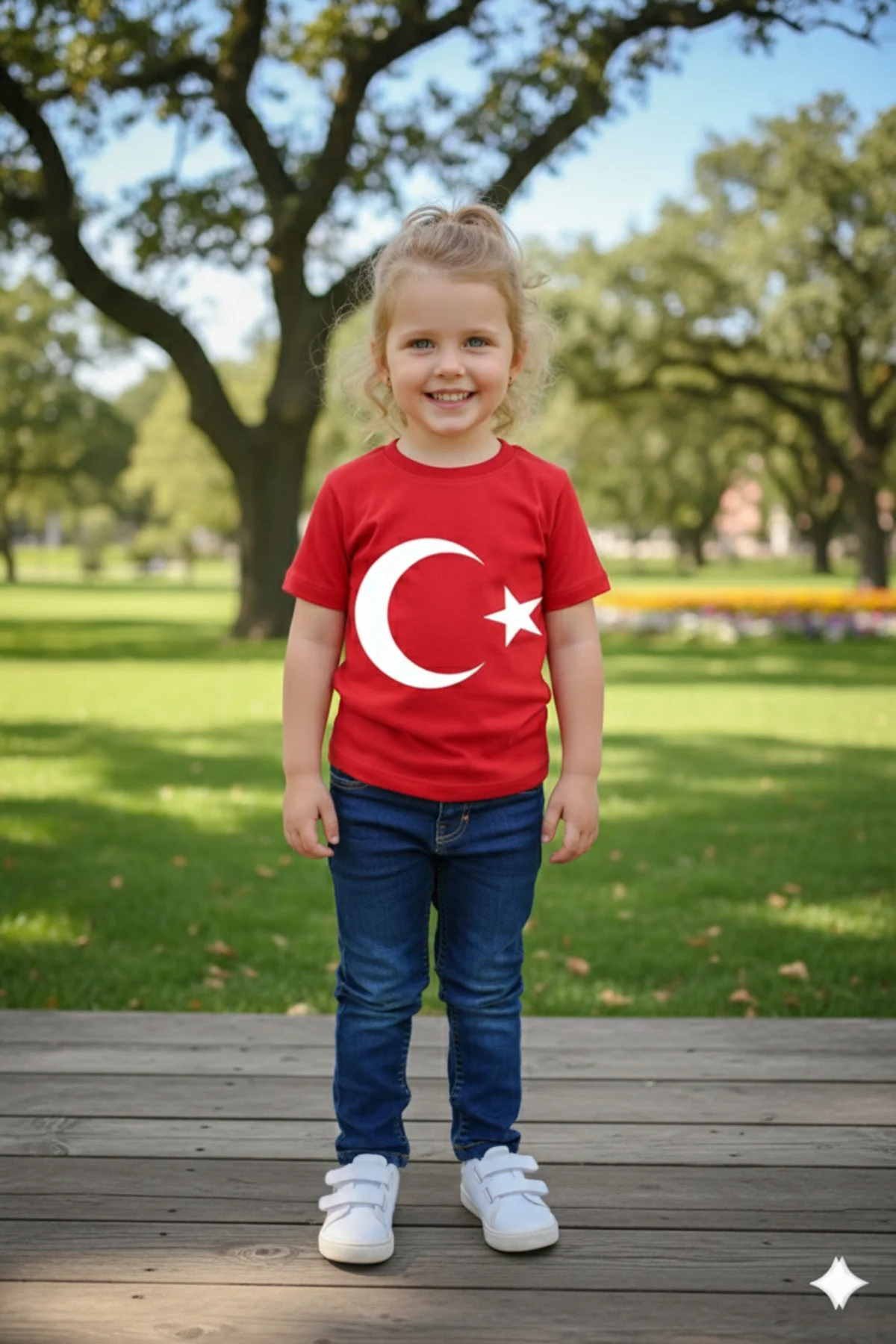 Kız Çocuk Unisex Tişört Kırmızı Ay Yıldız Baskılı Tişört Kısa Kol