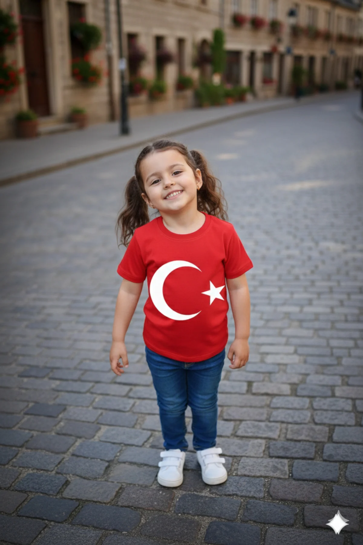 Kız Çocuk Unisex Tişört Kırmızı Ay Yıldız Baskılı Tişört Kısa Kol