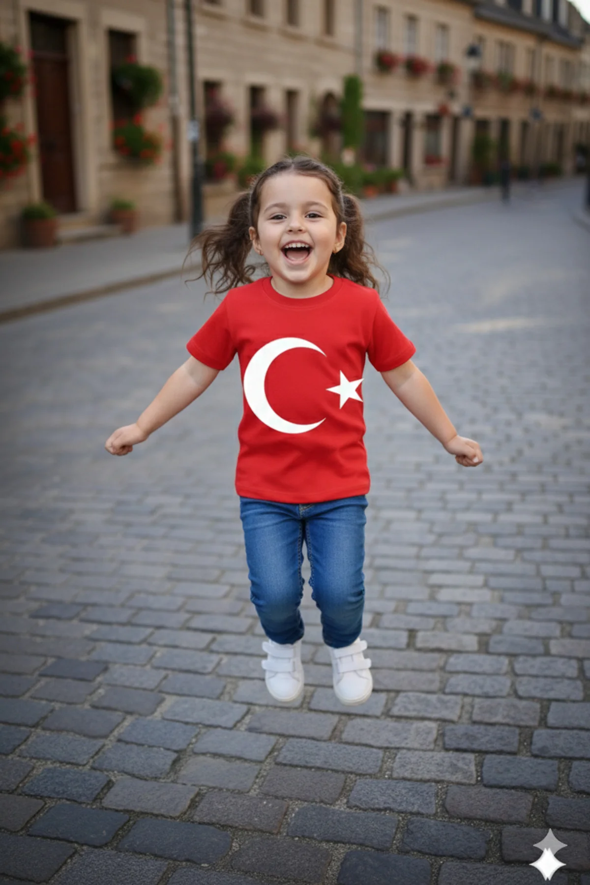 Kız Çocuk Unisex Tişört Kırmızı Ay Yıldız Baskılı Tişört Kısa Kol