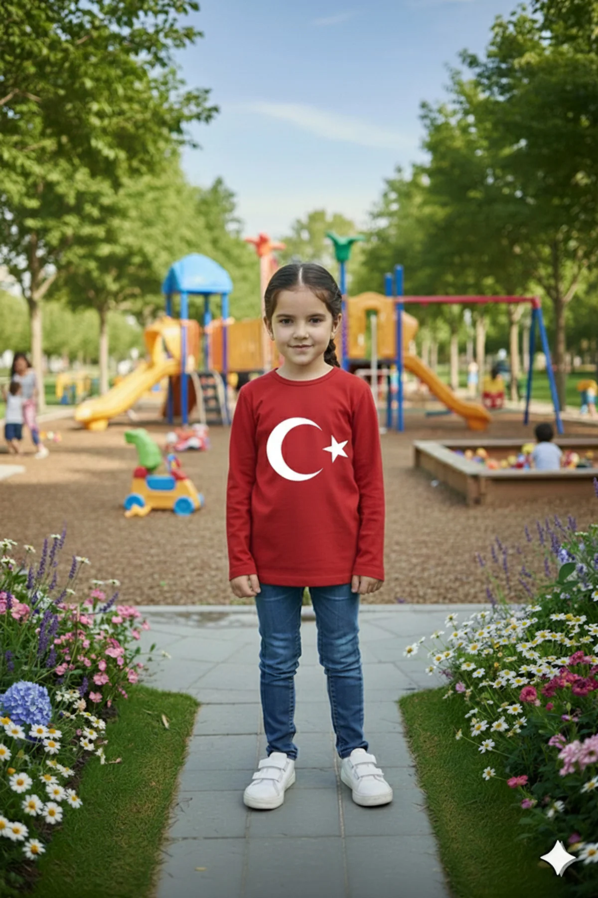 Kız Çocuk Unisex Tişört Kırmızı Ay Yıldız Baskılı Tişört Uzun Kol