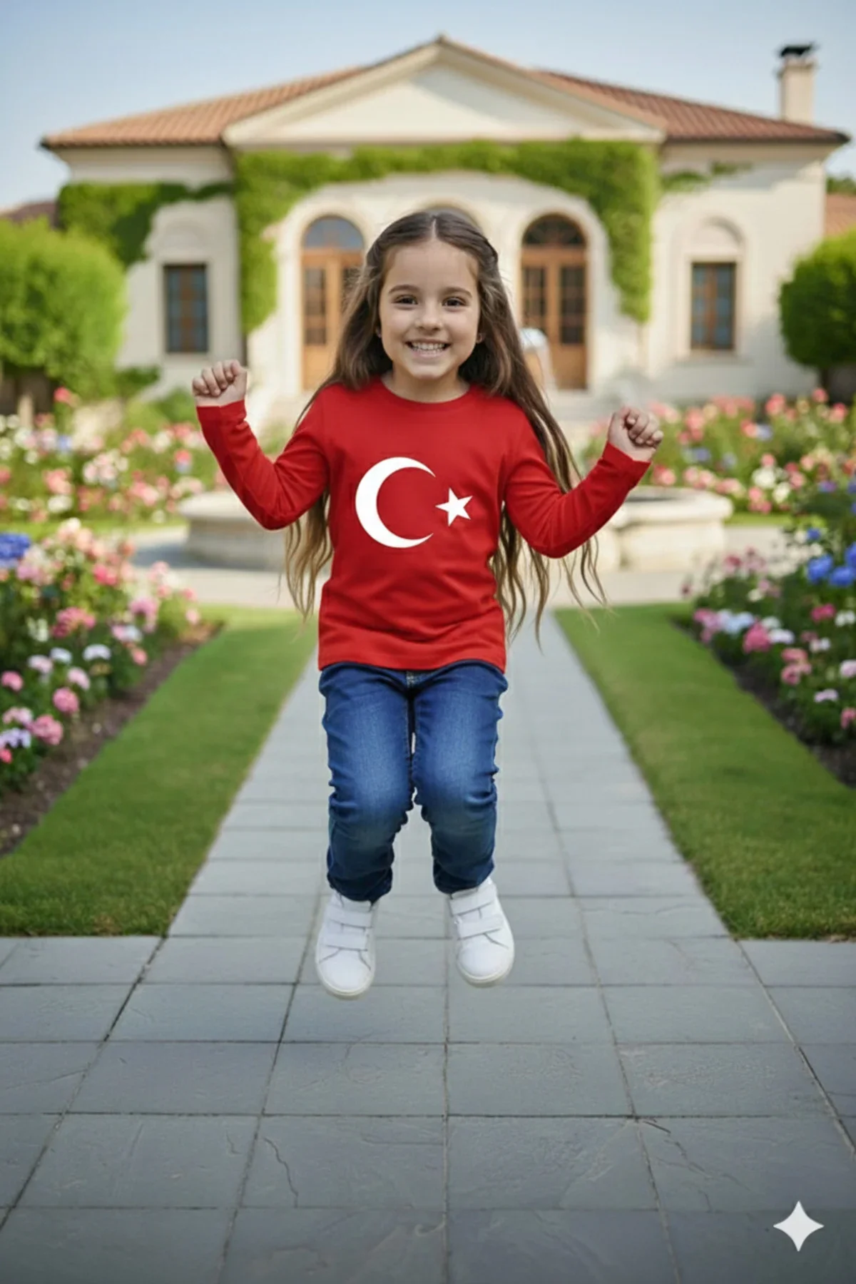 Kız Çocuk Unisex Tişört Kırmızı Ay Yıldız Baskılı Tişört Uzun Kol - Görsel 2