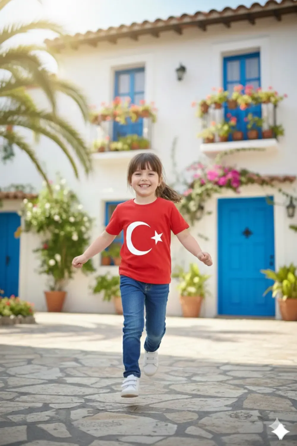 Kız Çocuk Unisex Tişört Kırmızı Ay Yıldız Baskılı Tişört Kısa Kol